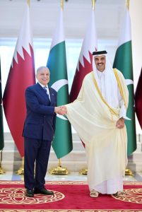 Prime Minister Muhammad Shehbaz Sharif meets Amir of Qatar, Sheikh Tamim Bin Hamad Al Thani.