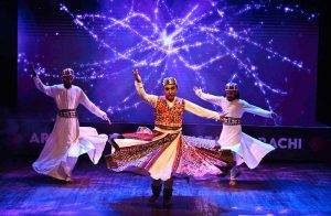 Artists performing dance at International Dance Day celebrations at Arts Council of Pakistan