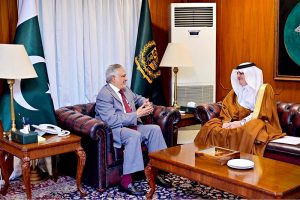 Ambassador of the Kingdom of Saudi Arabia to Pakistan, Nawaf bin Saeed Ahmad Al-Malkiy calls on the Deputy Prime Minister and Foreign Minister Senator Mohammad Ishaq Dar, at MoFA.