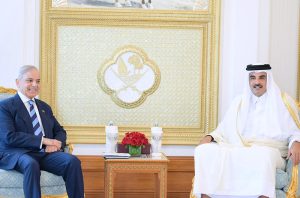 Prime Minister Muhammad Shehbaz Sharif meets Amir of Qatar, Sheikh Tamim Bin Hamad Al Thani.