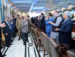 In recognition of his untiring efforts to achieve peace in the region, Federal Cabinet gives standing ovation to Prime Minister Muhammad Shehbaz Sharif as he enters the meeting room for a cabinet meeting.