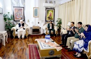 A delegation of political leaders led by Federal Minister for Education and Professional Training, Dr. Khalid Maqbool offers condolences to Federal Minister for Poverty Alleviation and Social Safety, Syed Imran Ahmad Shah on the passing of his mother and joins in prayers for the departed soul.