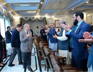 In recognition of his untiring efforts to achieve peace in the region, Federal Cabinet gives standing ovation to Prime Minister Muhammad Shehbaz Sharif as he enters the meeting room for a cabinet meeting.