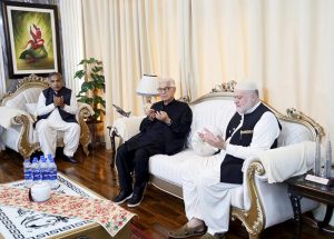 A delegation of political leaders led by Federal Minister for Education and Professional Training, Dr. Khalid Maqbool offers condolences to Federal Minister for Poverty Alleviation and Social Safety, Syed Imran Ahmad Shah on the passing of his mother and joins in prayers for the departed soul.