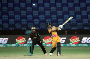 Peshawar Zalmi player Mohammad Haris playing shot against Hyderabad Kingsmen at the National Bank Stadium during PSL 11 2026 at National Stadium.