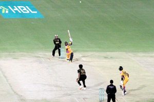 Peshawar Zalmi player Mohammad Haris playing shot against Hyderabad Kingsmen at the National Bank Stadium during PSL 11 2026 at National Stadium.