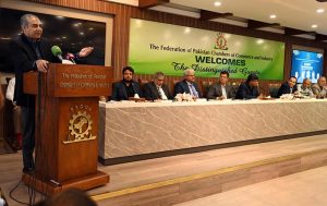 Federal Minister for Interior and Narcotics Control Syed Mohsin Raza Naqvi addressing the members of Federation of Pakistan Chambers of Commerce and Industry (FPCCI) as a chief guest during his visit to the FPCCI head office. APP/SDQ/FHA