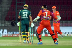 Rawalpindiz’s Daryl Mitchell and Sam Billings run between the wicket during the Pakistan Super League (PSL-11 ) match between Multan Sultans and Rawalpindiz at National Bank Stadium.