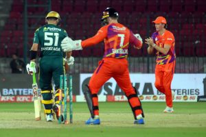 Rawalpindiz’s Daryl Mitchell and Sam Billings run between the wicket during the Pakistan Super League (PSL-11 ) match between Multan Sultans and Rawalpindiz at National Bank Stadium.