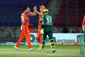 Rawalpindiz’s Daryl Mitchell and Sam Billings run between the wicket during the Pakistan Super League (PSL-11 ) match between Multan Sultans and Rawalpindiz at National Bank Stadium.