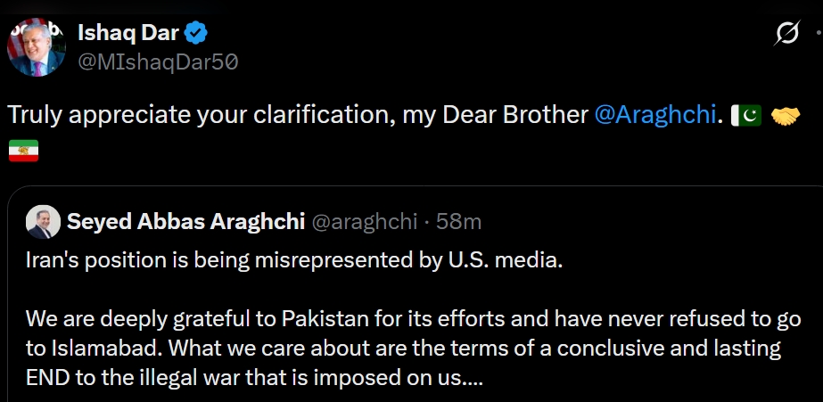 DPM/FM Dar appreciates Iranian FM for his comments regarding Pakistan's role