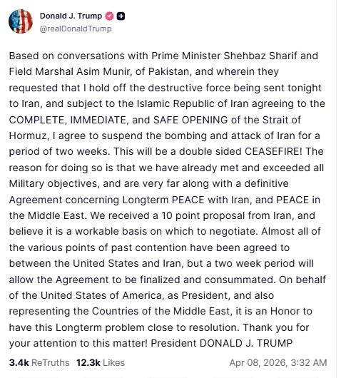 On Pakistan’s request, Donald Trump announces two-week ceasefire with Iran