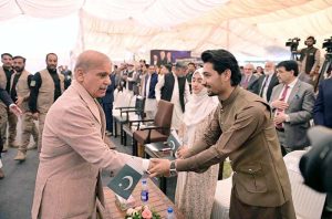 Prime Minister Muhammad Shehbaz Sharif interacts with the beneficiaries of PM'S Youth Laptop Scheme and PM's Youth Business and Agriculture Loan Scheme hailing from GB.
