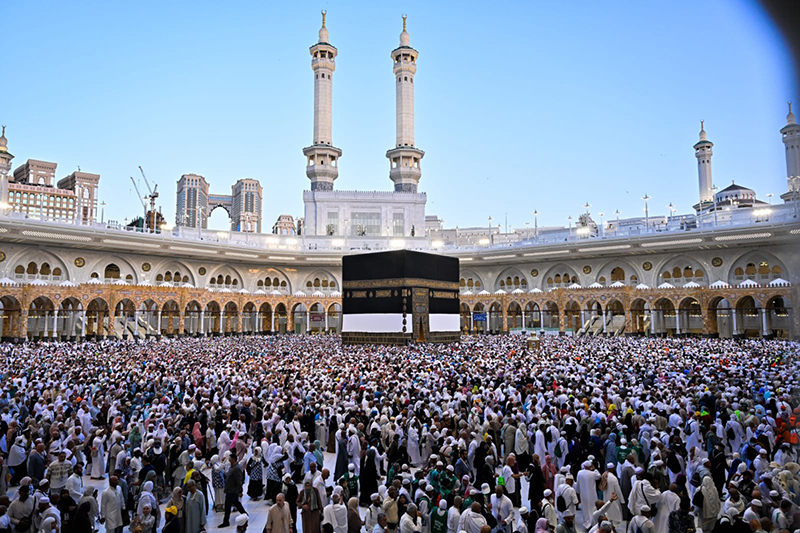 Pilgrims perform Tawaf Al-Ifadah around the Holy Kaaba after Fajr prayers on the second day of Eid Al-Azha during Hajj 1447 AH, after completing the stoning ritual at Mina. Thousands of pilgrims continued Hajj rituals in a spiritual atmosphere filled with prayers, devotion and chants of “Labbaik Allahumma Labbaik