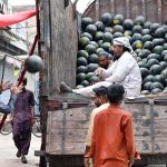 Labourers are busy unloading watermelons from delivery truck at a roadside stall