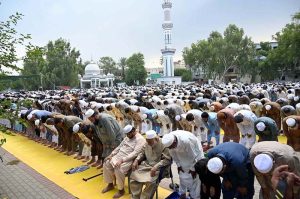 Federal Minister for Railways Muhammad Hanif Abbasi offering Eidul Azha prayers at Eidgah Sharif
