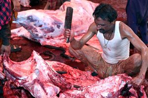 A butcher slaughters sacrificial animal on the first day of Eidul Azha at Madani Markaz Faizan e Madina SITE Area