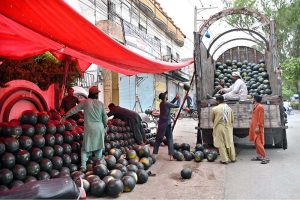 Labourers are busy unloading watermelons from delivery truck at a roadside stall