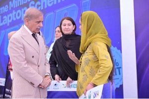 Prime Minister Muhammad Shehbaz Sharif interacts with the beneficiaries of PM'S Youth Laptop Scheme and PM's Youth Business and Agriculture Loan Scheme hailing from GB.