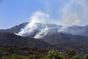 Smoke rises from Margalla Hills due to a forest fire in the Federal Capital, triggering environmental concerns and emergency response efforts