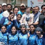 Vice Chancellor (VC) Government College University Faisalabad (GCUF)Prof, Dr Rauf-i-Azam is awarding cash prize and trophy to the winner team (University of Punjab Lahore) of All Pakistan HEC Intervarsity Hockey Women Championship 2025-26 played at Hockey Stadium Madina Town