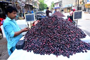 A vendor displays fresh jamun on his handcart to attract customers at Gul Center Chowk