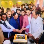 Parliamentary Secretary Barrister Danyal Chaudhry, former Senator Chaudhry Tanvir Khan, and MPA Usama Tanvir Chaudhry cutting the cake to Commemorate Youm-e-Takbir