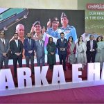 Defence Minister Khawaja Muhammad Asif and Federal Minister for Information and Broadcasting Attaullah Tarar in a group photograph during launching ceremony of picture book “Marka-e-Haq” (The Battle of Truth) at Pak-China Friendship Centre
