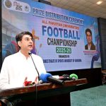 Minister of State for National Health Services Dr. Malik Mukhtar Ahmad Bharath addressing during prize distribution ceremony of All Pakistan Universities Football Championship at University of Sargodha