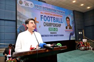 Minister of State for National Health Services Dr. Malik Mukhtar Ahmad Bharath addressing during prize distribution ceremony of All Pakistan Universities Football Championship at University of Sargodha