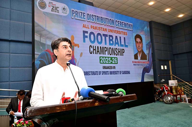 Minister of State for National Health Services Dr. Malik Mukhtar Ahmad Bharath addressing during prize distribution ceremony of All Pakistan Universities Football Championship at University of Sargodha