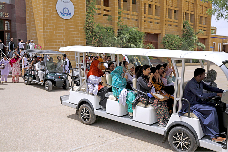 A newly launched shuttle electric vehicle service facilitates students and teachers at Liaquat University of Medical & Health Sciences (LUMHS), Jamshoro