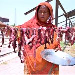 A nomadic woman spreads salted meat under the sun for drying near the Railway Station following Eid al-Azha festivities