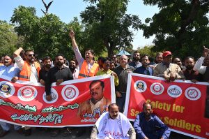 Workers from different walk of life participate in a rally organized by workers union of deferent institutions on the eve of World Workers Day observing all over the world