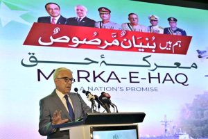 Defence Minister Khawaja Muhammad Asif addressing during launching ceremony of picture book “Marka-e-Haq” (The Battle of Truth) at Pak-China Friendship Centre