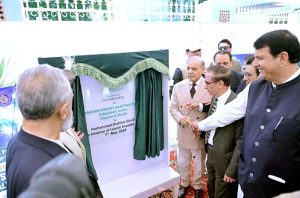 Prime Minister Muhammad Shehbaz Sharif unveils the plaque to mark the ground breaking for Danish Schools to be constructed in Sultanabad, Ganche, Astore and Skardu.