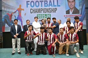 Minister of State for National Health Services Dr. Malik Mukhtar Ahmad Bharath addressing during prize distribution ceremony of All Pakistan Universities Football Championship at University of Sargodha