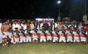 Group photo by winner Kabaddi Team with Adviser to Prime Minister (PM) on Political and Public Affairs Senator Rana Sanaullah Khan at International Kabaddi Stadium Chak No.3-JB Ramdewali after inaugurating the stadium
