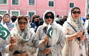 Students participate in a rally on jashn e Marka-e-Haq and Bunyan-ul-Marsoos at University of Sargodha