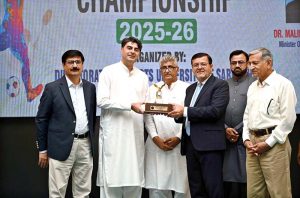 Minister of State for National Health Services Dr. Malik Mukhtar Ahmad Bharath addressing during prize distribution ceremony of All Pakistan Universities Football Championship at University of Sargodha