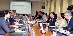 Federal Minister for Finance and Revenue, Senator Muhammad Aurangzeb, holding a meeting with a World Bank delegation led by Ms. Bolormaa Amgaabazar, Country Director for the World Bank in Pakistan at the Finance Division.