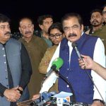 Adviser to Prime Minister (PM) on Political and Public Affairs Senator Rana Sanaullah Khan is addressing a public gathering during inauguration of sui-gas supply at International Kabaddi Stadium Chak No.3-JB Ramdewali