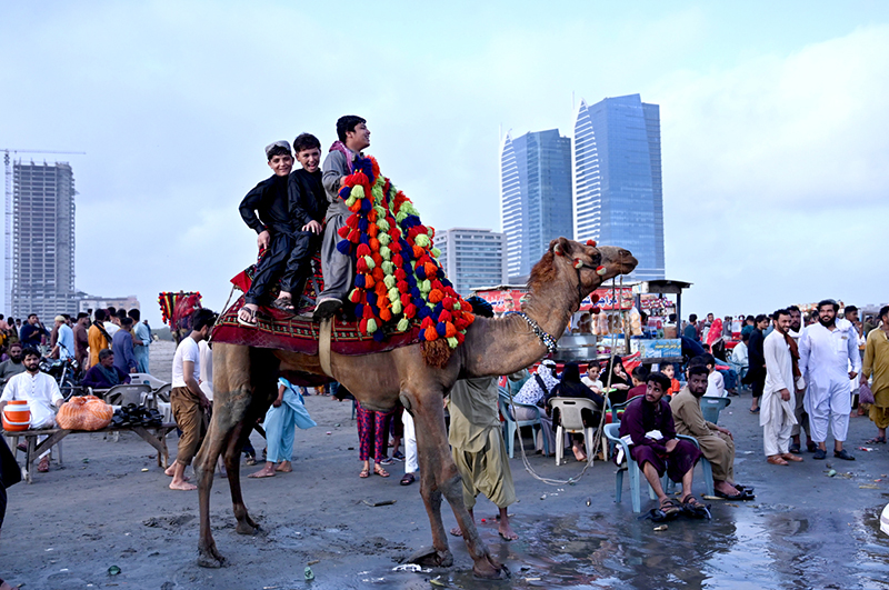 Children enjoy camel ride at sea view during the festivities on the second day of Eidul Azha