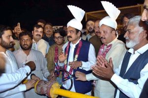 Adviser to Prime Minister (PM) on Political and Public Affairs Senator Rana Sanaullah Khan is addressing a public gathering during inauguration of sui-gas supply at International Kabaddi Stadium Chak No.3-JB Ramdewali