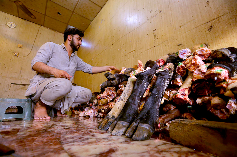A butcher prepares sacrificial animal legs (Paye) during the second day of Eid al-Azha at Warsak road