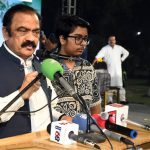 Adviser to Prime Minister (PM) on Political and Public Affairs Senator Rana Sanaullah Khan is addressing a public gathering during the first annual commemorative ceremony held at Bohranwali Ground on completion of one year of the historic success of Marka-e-Haq on late Saturday night