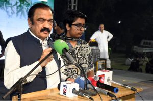 Adviser to Prime Minister (PM) on Political and Public Affairs Senator Rana Sanaullah Khan is addressing a public gathering during the first annual commemorative ceremony held at Bohranwali Ground on completion of one year of the historic success of Marka-e-Haq on late Saturday night