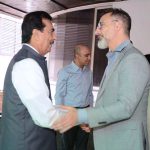 U.S. Consul General, Stetson Sanders shaking hands with Chairman Senate, Syed Yousaf Raza Gilani during a call on