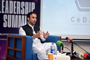 Minister of State, Chairman Pakistan Virtual Assets Regulatory Authority, Mr, Bilal Bin Saqib addressing the Leadership Summit on Block chain & Digital Assets at Sayeed Saigol Auditorium Academic Block LUMS.