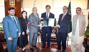 Chairman Senate, Syed Yousuf Raza Gillani in a meeting with Shoaib Siddique, Chief Information Commissioner along-with Member/Information Commission to present Bi-Annual Report of Pakistan Information Commission at Parliament House.